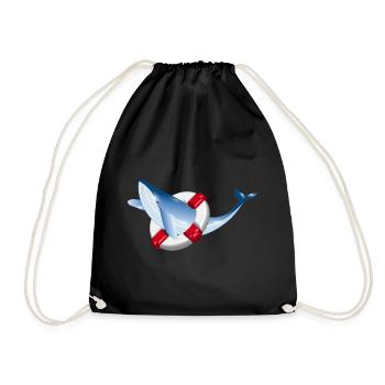 bright blue whale fish with lifebuoy - Drawstring Bag - black - Front