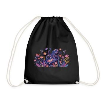 Cosmic Octopus in the Realm of Flowers Abstract Art - Drawstring Bag - black - Front