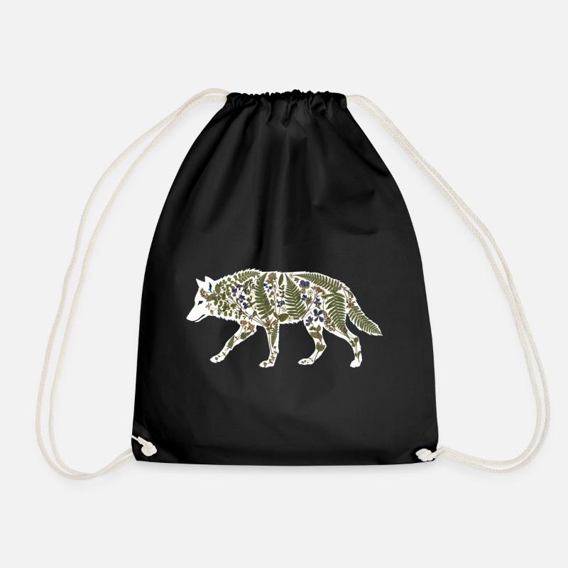 wolf botanical - Drawstring Bag - black