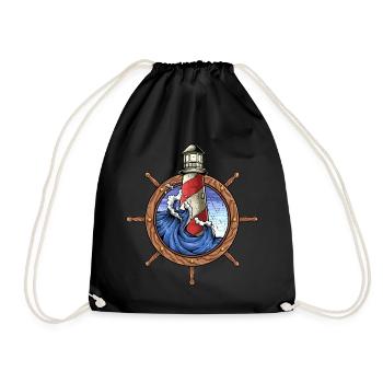 Lighthouse sea wave sailor captain steering wheel - Drawstring Bag - black - Front