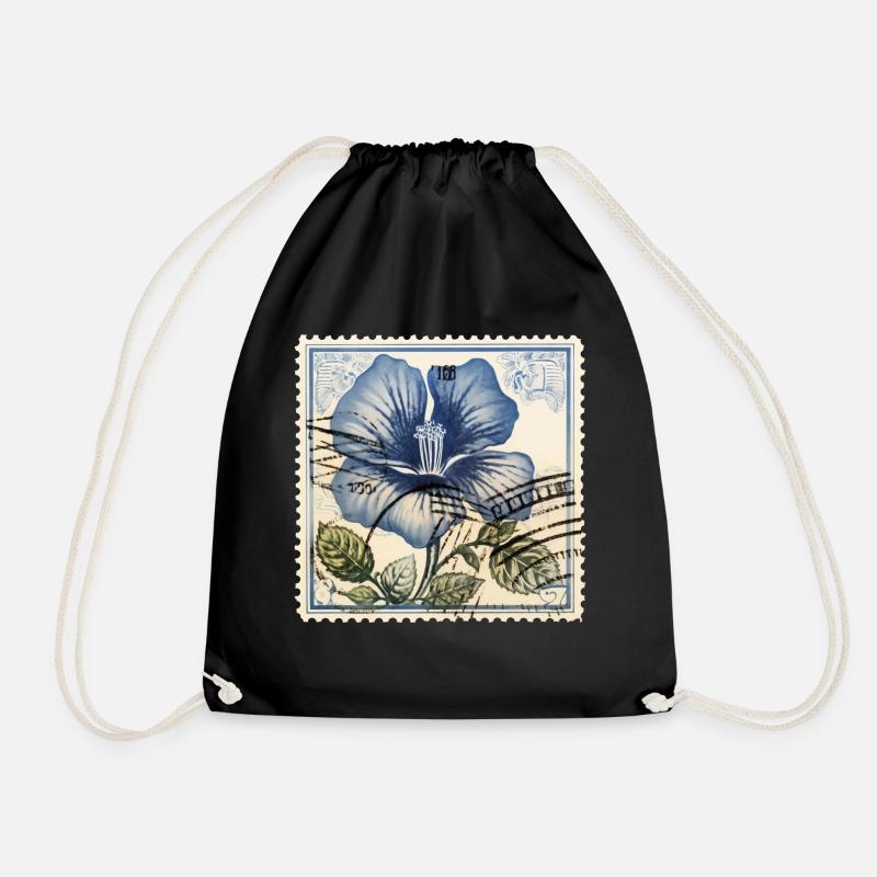 Vintage Postage Stamp Blue Flower - Drawstring Bag - black