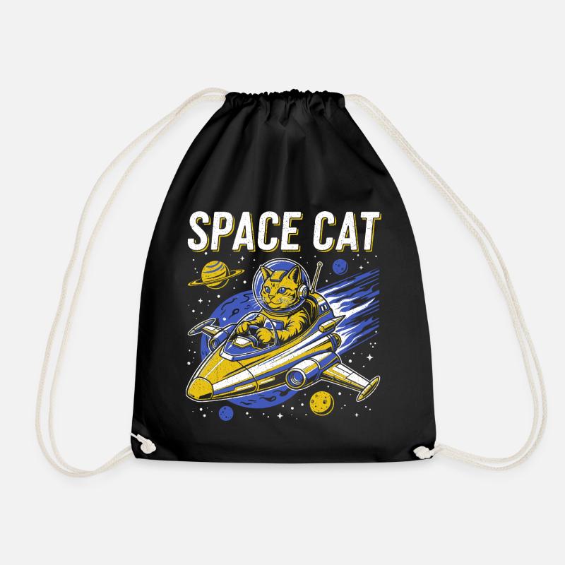 Space Cat Astronaut in Spaceship - Space Cat - Drawstring Bag - black
