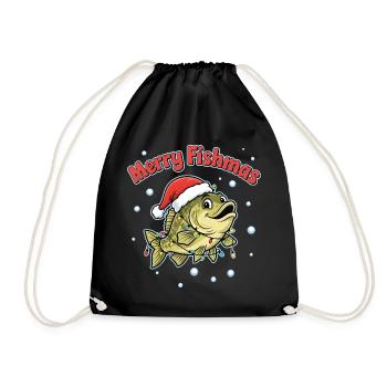 Merry Fishmas Funny Angler Saying Christmas - Drawstring Bag - black - Front