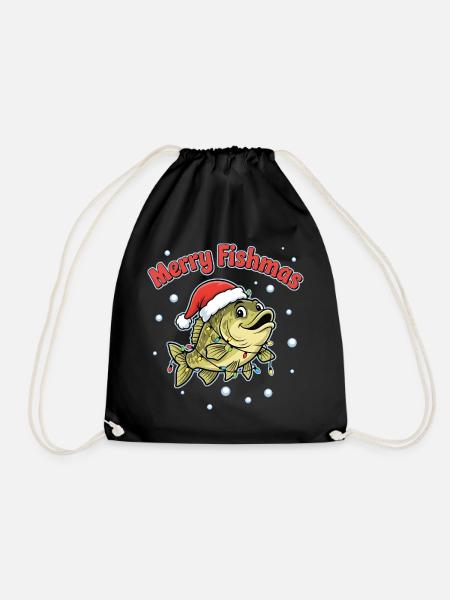 Merry Fishmas Funny Angler Saying Christmas - Drawstring Bag - black