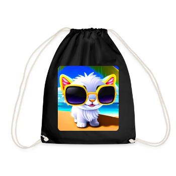 Naughty cat in sunglasses on the beach with sea - Drawstring Bag - black - Front