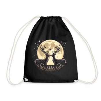 Romantic Deer Full Moon Couple Illustration - Drawstring Bag - black - Front