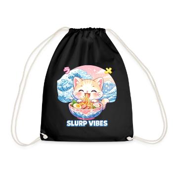 Slurp Kawaii Cat Ramen Noodles Anime Cat - Drawstring Bag - black - Front