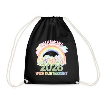 Schulkind 2026 - Regenbogen & Blumen - Kunterbunt - Turnbeutel - Schwarz - Vorne