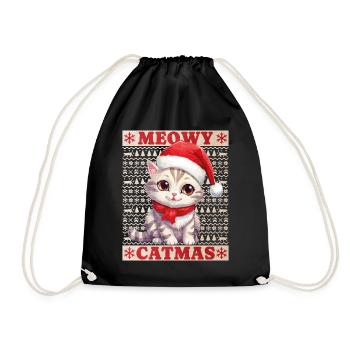 Cat Christmas Merry Meowy Catmas Ugly Cute - Drawstring Bag - black - Front