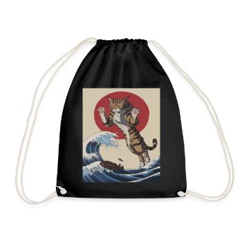 Cat Wave Art – Japanese Inspired Illustration - Drawstring Bag - black - Front