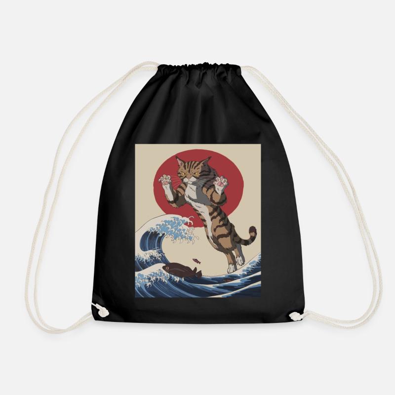 Cat Wave Art – Japanisch inspirierte Illustration - Turnbeutel - Schwarz