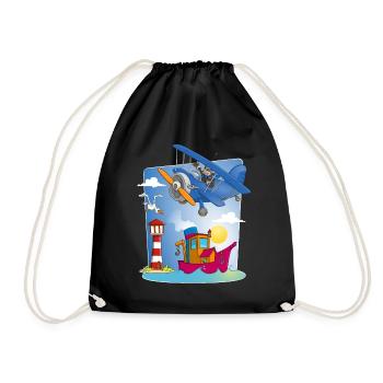 soleil, mer, avion, bateau phare et mouette - Sac de sport léger - noir - Devant