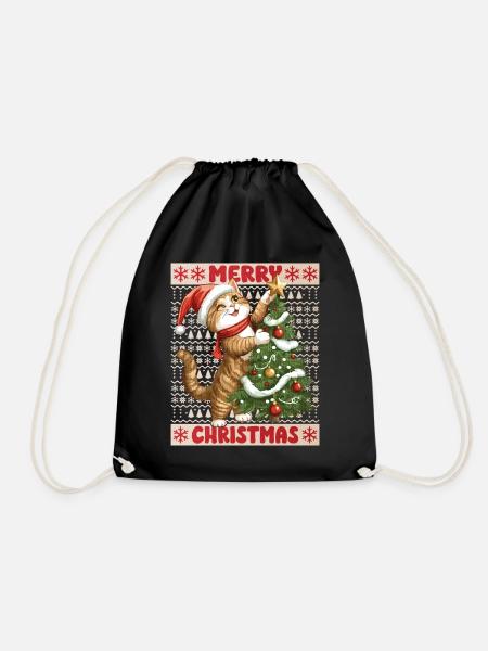 Katze Weihnachtsbaum Weihnachten Xmas Süß Lustig - Turnbeutel - Schwarz
