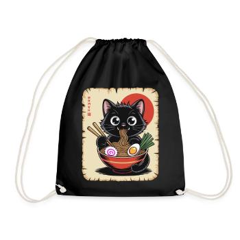 Kawaii Schwarze Katze isst japanische Ramen-Nudeln - Turnbeutel - Schwarz - Vorne