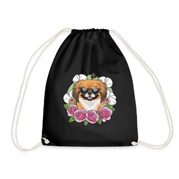 Cartoon Pekinese mit Orchideen und Rosen - Turnbeutel - Schwarz - Vorne
