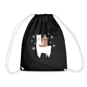 Sloth Riding Llama Funny Christmas Scarf Santa Hat - Drawstring Bag - black - Front