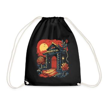 Asian Japanese Cartoon Floral Gate Hut - Drawstring Bag - black - Front