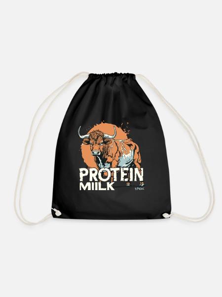 Cartoon Kuh mit dem Text: Protein Milch - Turnbeutel - Schwarz