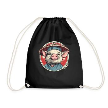 Chinesischer Bauer mit Strohhut Cartoon Schwein - Turnbeutel - Schwarz - Vorne