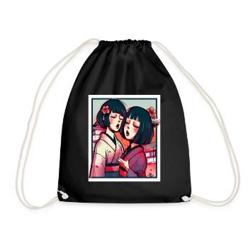 Two Japanese anime girls in kimono - Drawstring Bag - black - Front