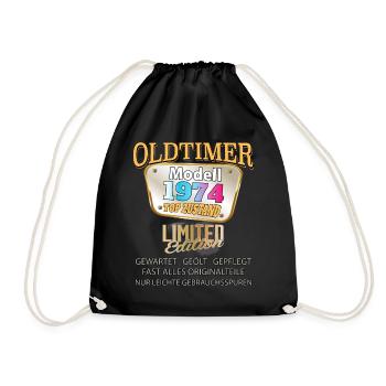 Vintage Model 1974 Well Preserved Funny Birth Tag - Drawstring Bag - black - Front