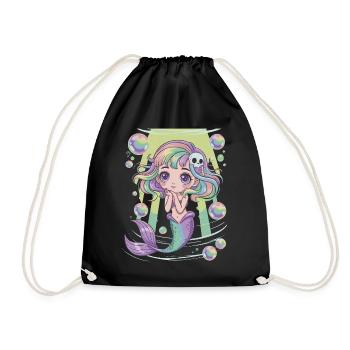 Süße Kawaii Meerjungfrau – Pastell Design - Turnbeutel - Schwarz - Vorne