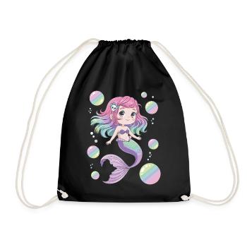 Süße Kawaii Meerjungfrau – Pastell Design - Turnbeutel - Schwarz - Vorne