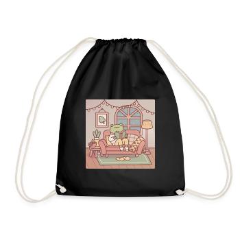 Cute Frog Reading A Book In Cozy Room - Drawstring Bag - black - Front