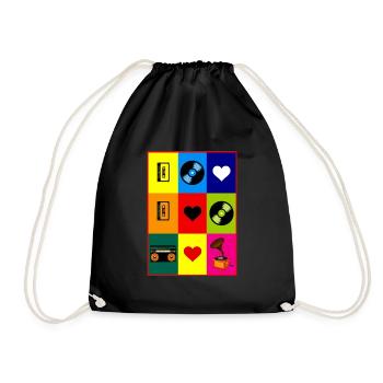 Video Kassette Schallplatte Retro 80s 90s Geschenk - Turnbeutel - Schwarz - Vorne