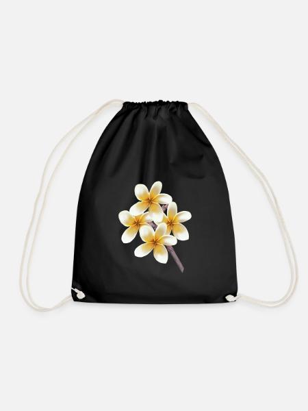White yellow flowers on a stalk Plumeria temple tree - Drawstring Bag - black