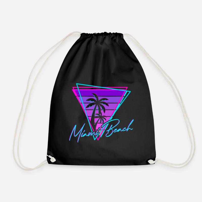 Retro Miami Beach Vintage 80s Beach Gift - Drawstring Bag - black