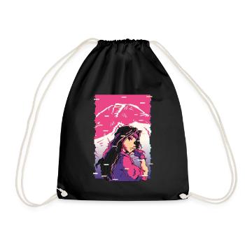 Karate Anime Girl Vaporwave Waifu Fujiyama Otaku - Drawstring Bag - black - Front