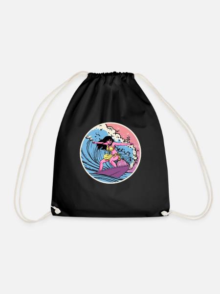 Surfer Anime Girl Vaporwave Surfboard Surfen - Turnbeutel - Schwarz