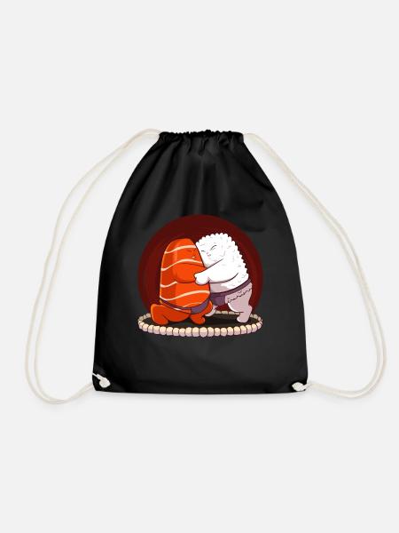 Japanese Sumo Sushi Salmon Hug Maki Nigiri Sashimi - Drawstring Bag - black