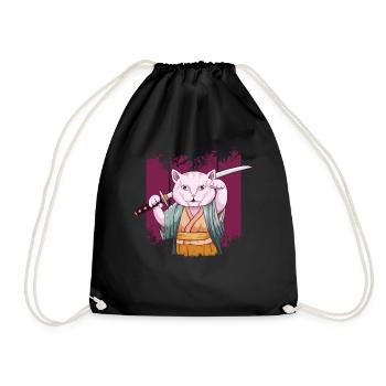 Japanese Samurai Maneki Neko Cat Katana Aesthetic - Drawstring Bag - black - Front