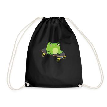Cottagecore Aesthetic Kawaii Skateboarding Frog - Drawstring Bag - black - Front