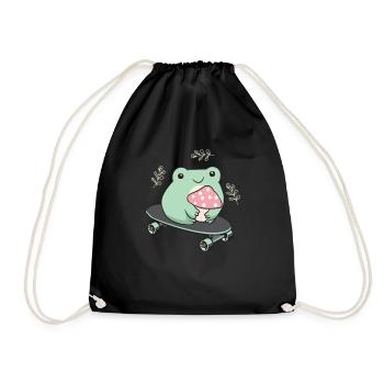 Cottagecore Aesthetic Kawaii Skateboarding Frog - Drawstring Bag - black - Front
