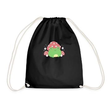 Cottagecore Aesthetic Kawaii Frog Mushroom Hat - Drawstring Bag - black - Front