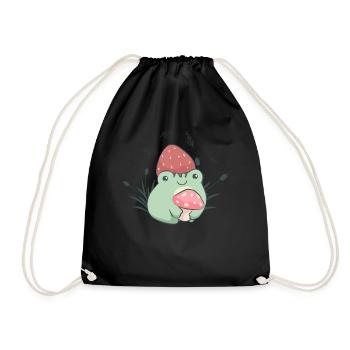 Cottagecore Aesthetic Frog Strawberry Hat Mushroom - Drawstring Bag - black - Front
