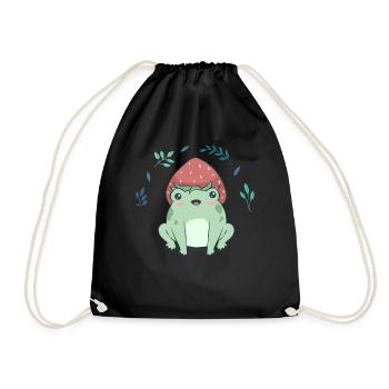 Cottagecore Aesthetic Kawaii Frog Strawberry Hat - Drawstring Bag - black - Front