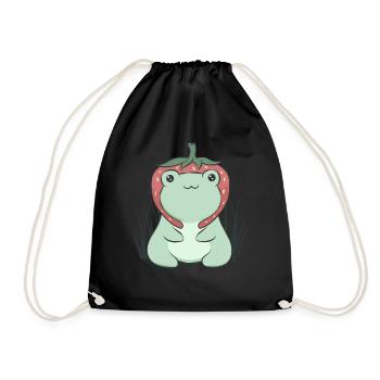 Cottagecore Aesthetic Kawaii Frog Strawberry Hat - Drawstring Bag - black - Front