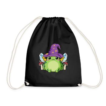 Cottagecore Aesthetic Cute Kawaii Frog Wizard - Drawstring Bag - black - Front