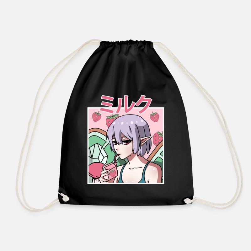 Fairycore Aesthetic Fee trinkt Erdbeermilch - Turnbeutel - Schwarz