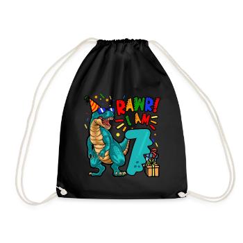 7th Birthday Dinosaur RAWR 7 Young Dino - Drawstring Bag - black - Front
