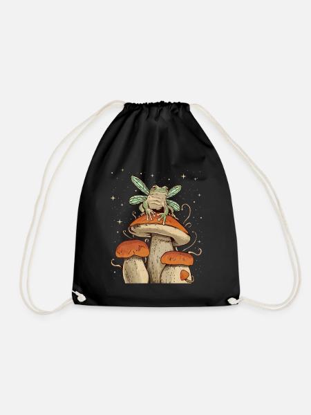 Cottagecore Aesthetic Fee Frosch auf Pilz - Turnbeutel - Schwarz