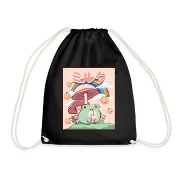 Cottagecore Aesthetic Kawaii Frog Peach Milk - Drawstring Bag - black - Front