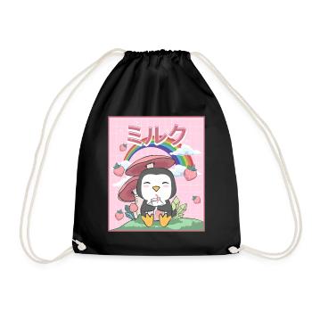 Cottagecore Aesthetic Kawaii Pinguin Erdbeermilch - Turnbeutel - Schwarz - Vorne