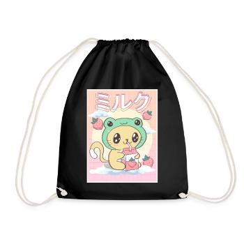 Japanese Aesthetic Kawaii Cat Frog Strawberry Milk - Drawstring Bag - black - Front