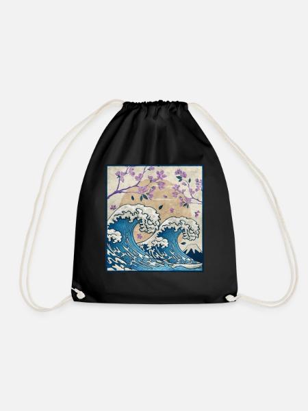 Japanese Aesthetic Kanagawa Wave Cherry Blossom Ge - Turnbeutel - Schwarz