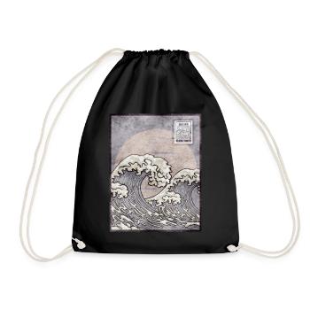 Japanese Aesthetic Kanagawa Wave postage stamp G - Drawstring Bag - black - Front